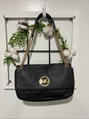 Michael Kors Black Pebbled Leather Shoulder Bag with Gold Accents